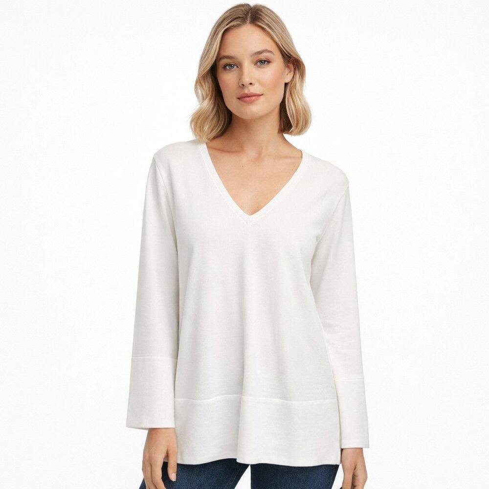 Ann Taylor Sweater Tunic Womens XL White V Neck Long Sleeve Pullover Knit Top